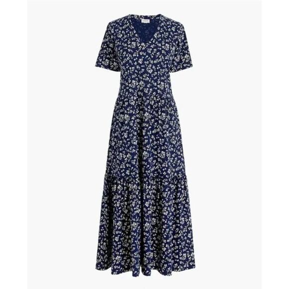 J. Crew Dresses & Skirts - J. Crew V-neck Tiered Knit Cotton Midi Dress Navy Blue Floral AV658 Size M